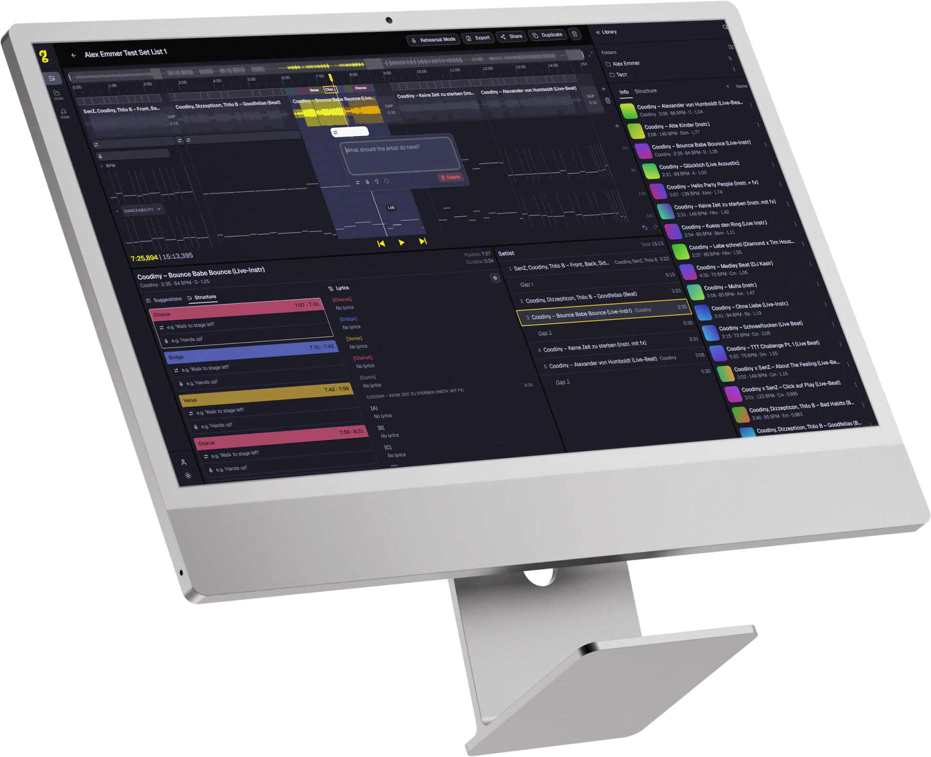 The Great Gig App set list editor on an iMac