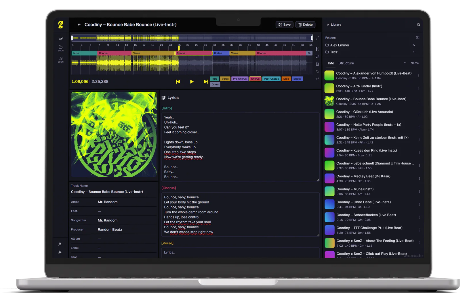 The Great Gig App track editor with waveform, song sections and lyrics on a MacBook